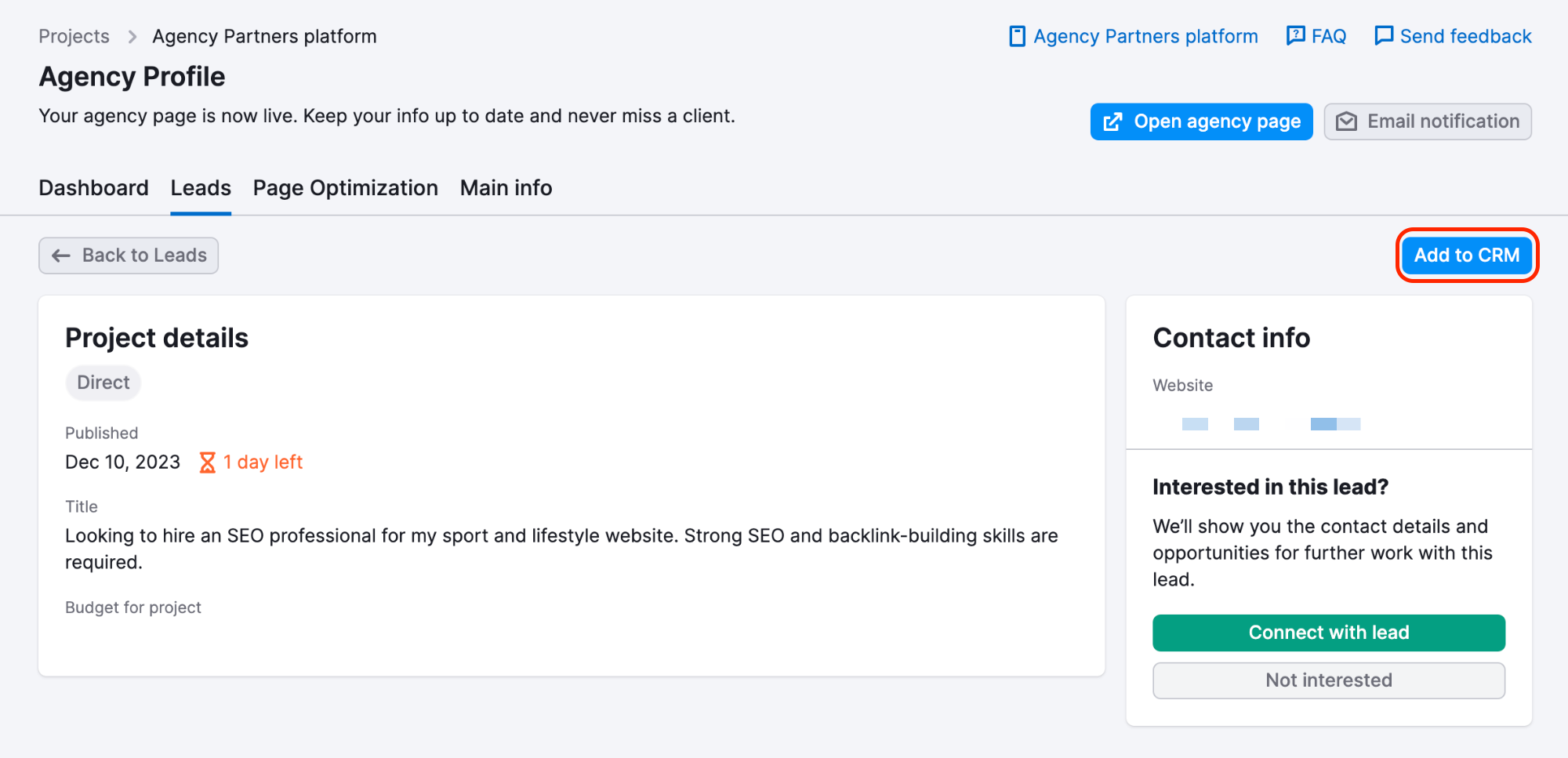 Highlighting the button to add the lead to CRM. 